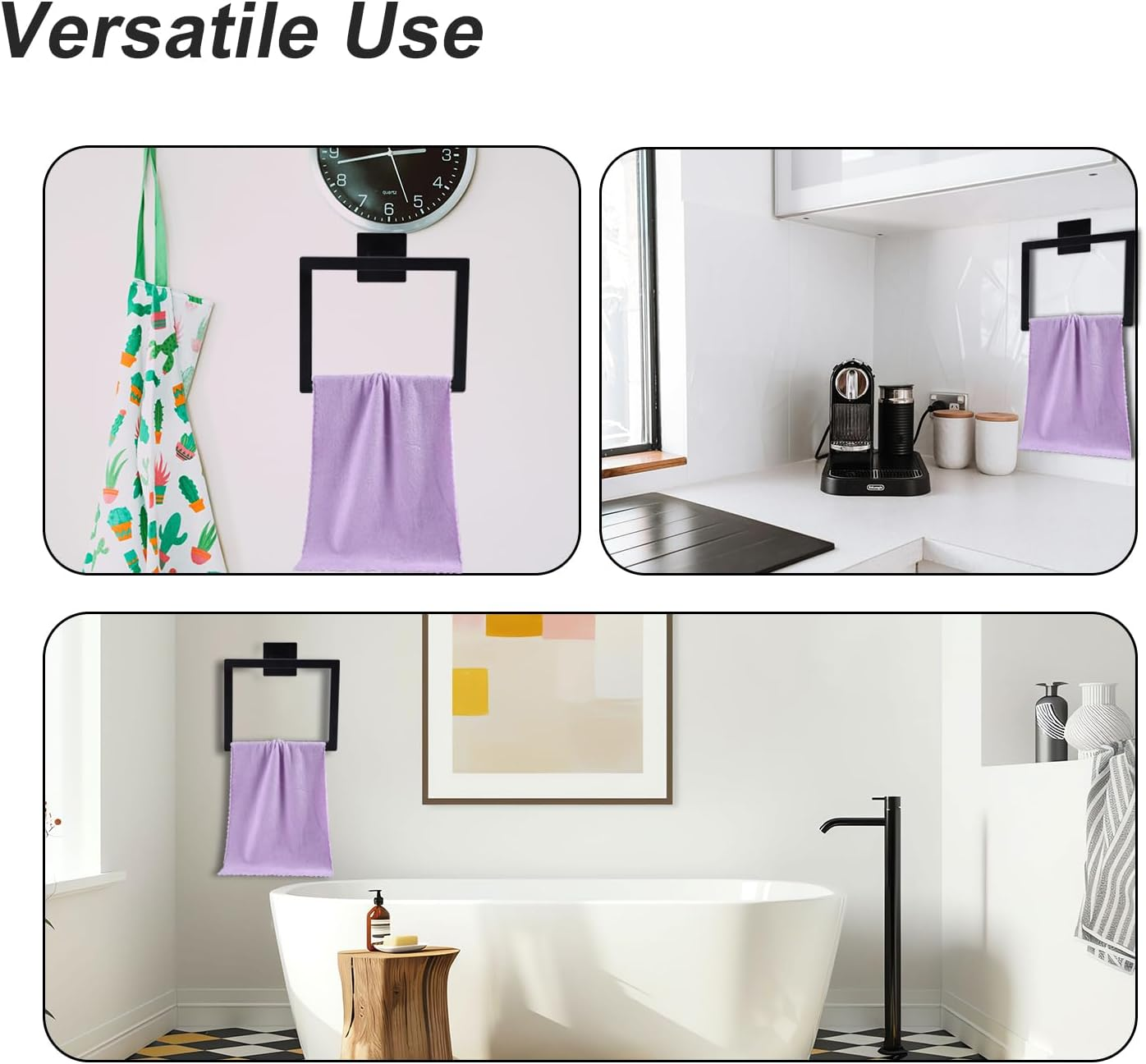 2Pcs Towel Holder for Bathroom, Matte Black Square Towel Ring Stainless Steel Wall Mounted Towel Holder Towel Rack Towel Hanger Towel Bar for Home Kitchen Bathroom Toilet image number 5