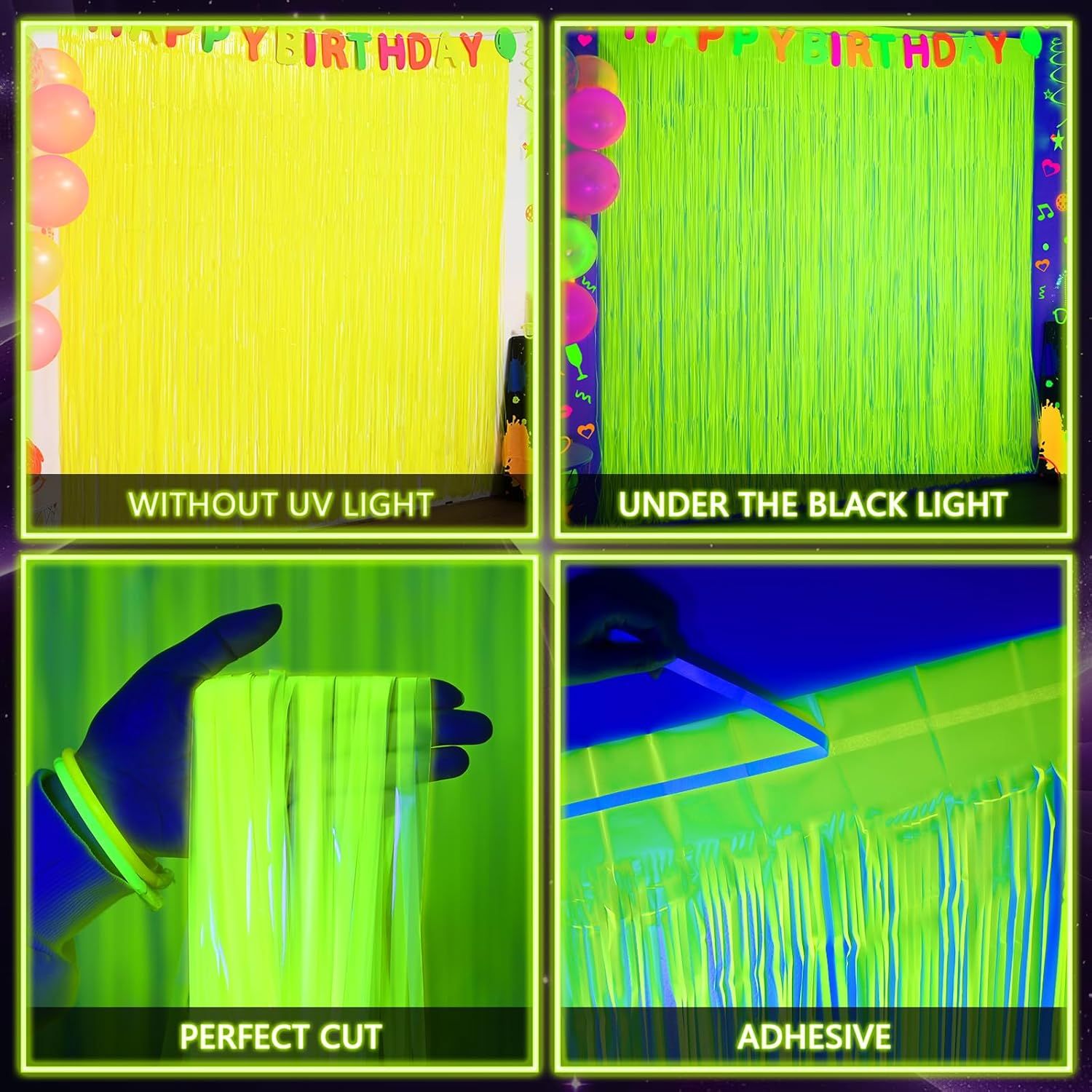 Mega-L Glow in the Dark Party Supplies, 2 Pack Neon Party Decorations 6.6 X 6.6 Ft Fluorescent Macaron Yellow Tinsel Foil Fringe Curtains, Photo Booth Prop Backdrop Streamer, Blacklight Decorations