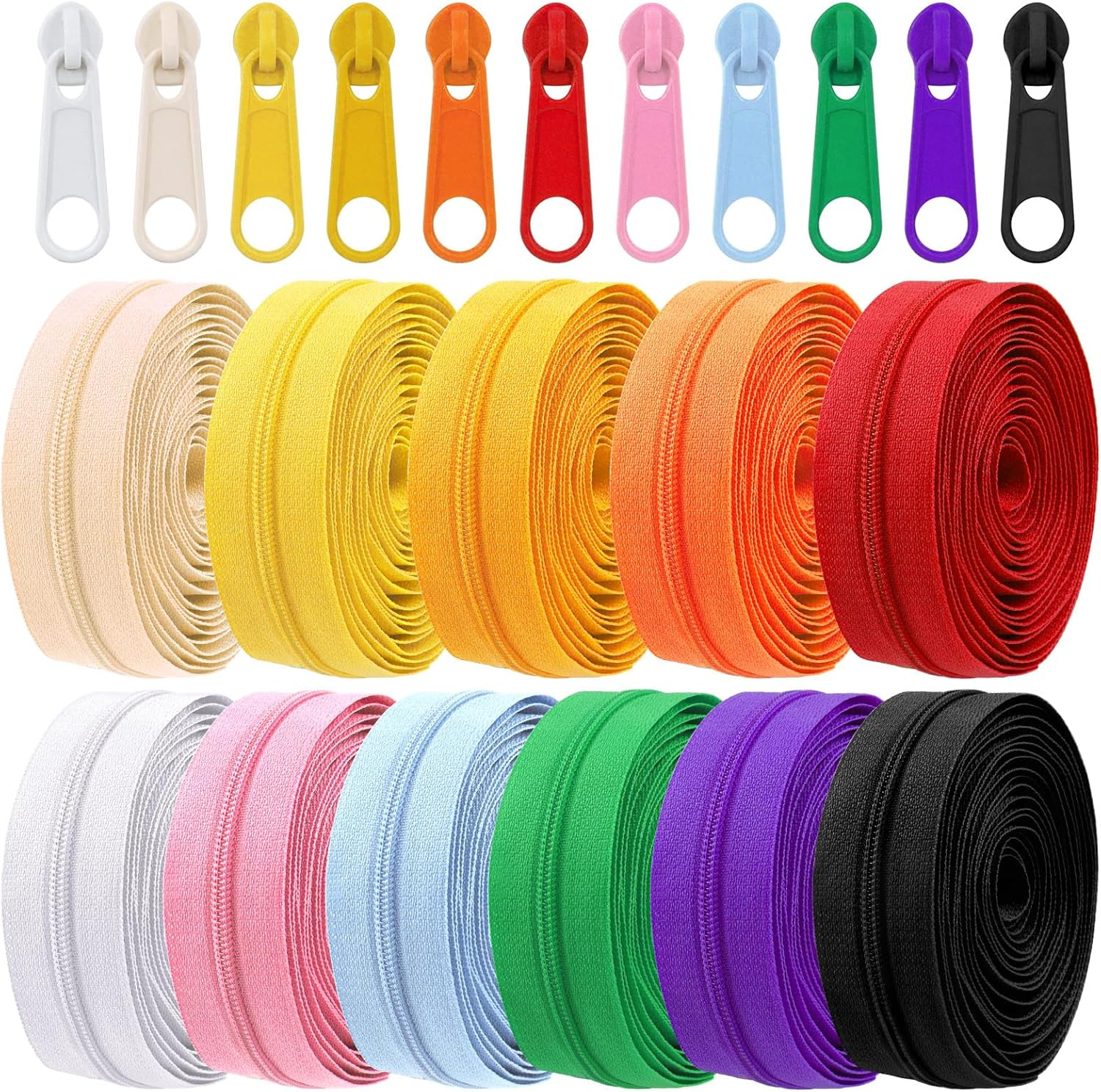 Tanstic 121Pcs (11 Sets) 33 Yards Nylon Coil Zippers with Sliders Assortment Kit, 11 Colors Sewing Zippers Bulk with Zipper Heads for Tailor Sewing Crafts