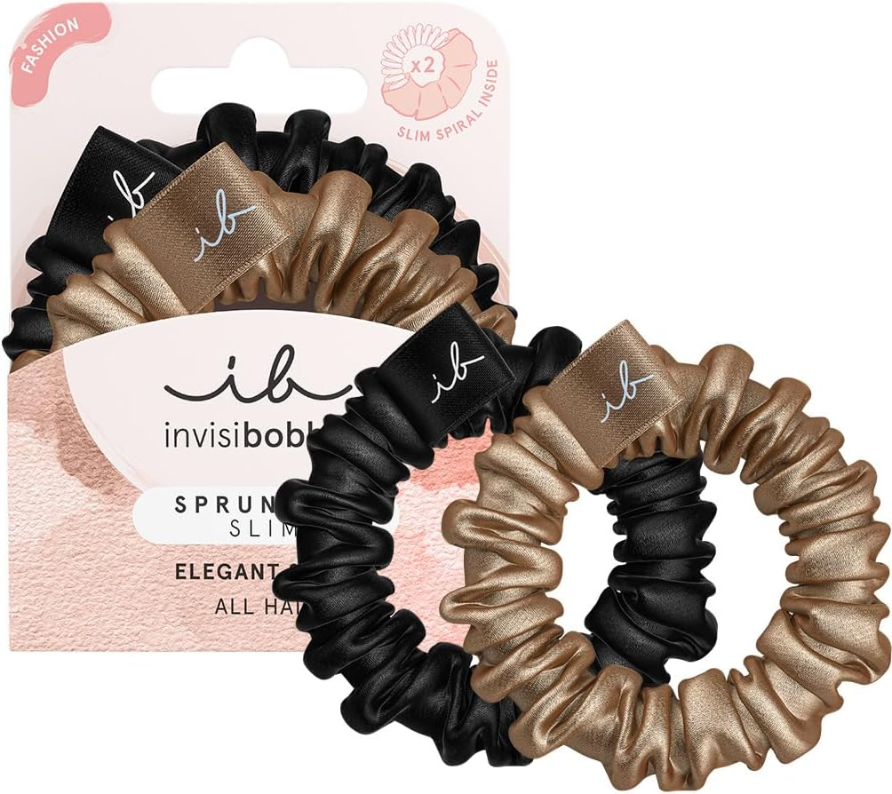 Invisibobble Sprunchie Slim Black Gold I 2 X Fabric Hair Bobbles Gold Black for Girls and Women I No Tangle Strong Hold Hair Gentle I Scrunchie Hair Scrunchie Designed in the Heart of Munich