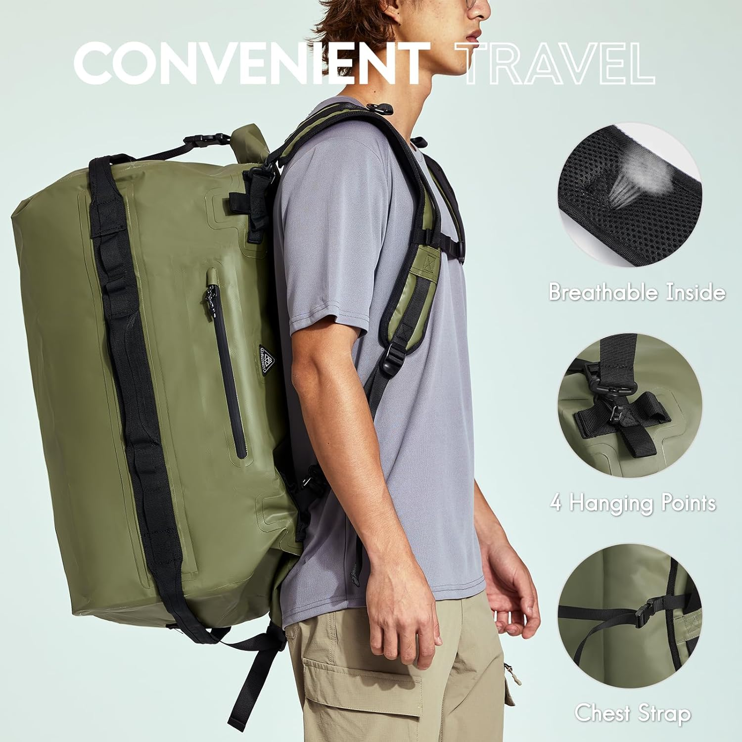 Haimont 60L Waterproof Duffle Sports Holdall Backpack for Men Women Heavy Duty Roll-Top Dry Bag Outdoor, Army Green - Army Green image number 4