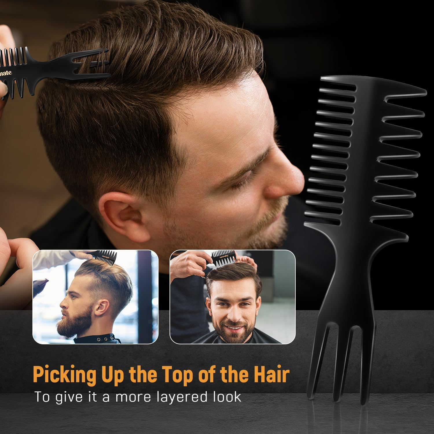 3Pcs Hair Styling Combs Set for Men - Black Barber Wide Tooth Texture Comb for Quiff, Pompadour, Slicked-Back, Fauxhawk, Undercut image number 1