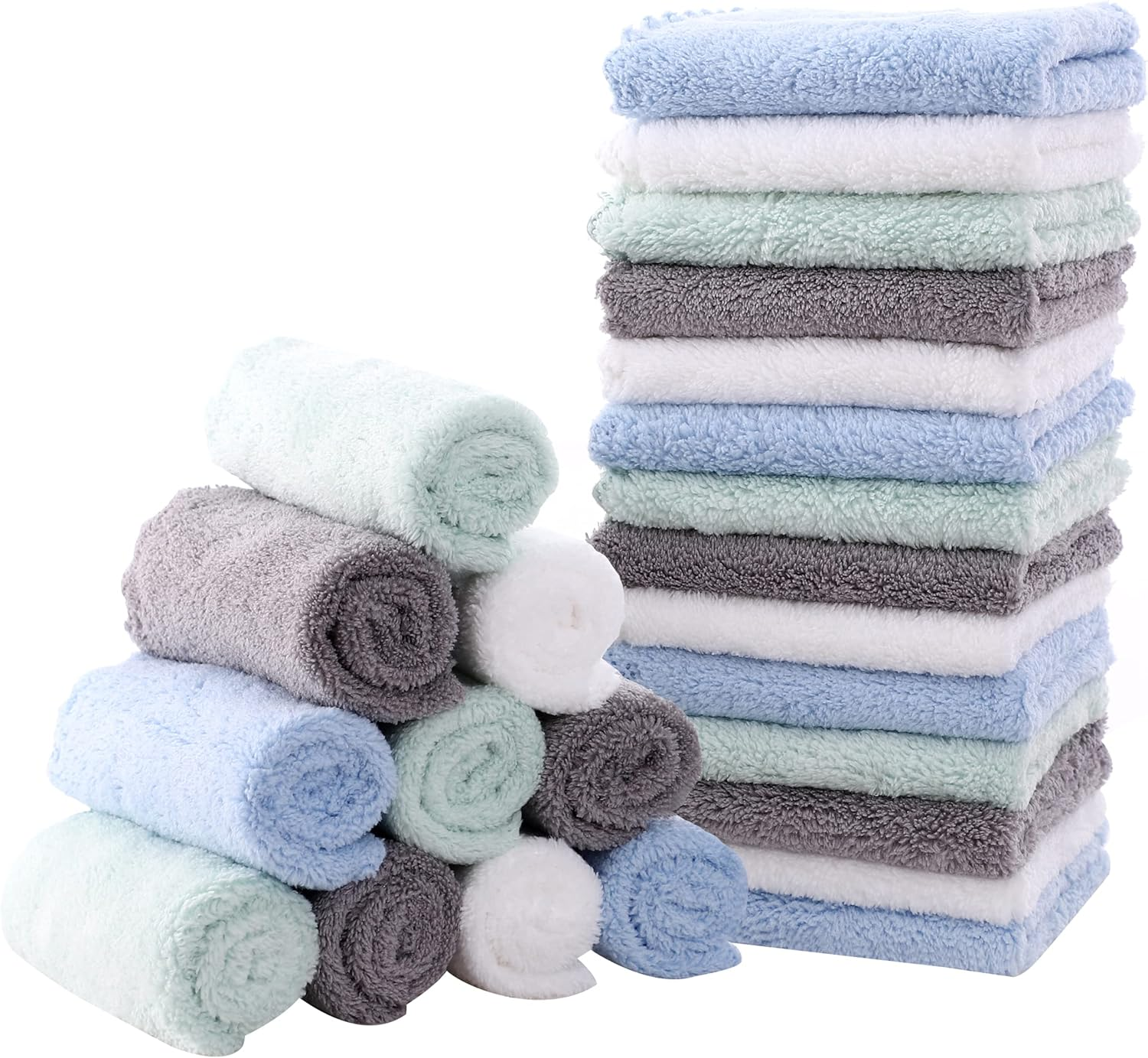 MOON PARK Baby Washcloths, 24 Pack - 8X8 Inches, Small Burp Cloths and Baby Wipes - Microfiber Coral Fleece Ultra Absorbent and Soft for Newborn, Infant and Toddlers - Multicolored