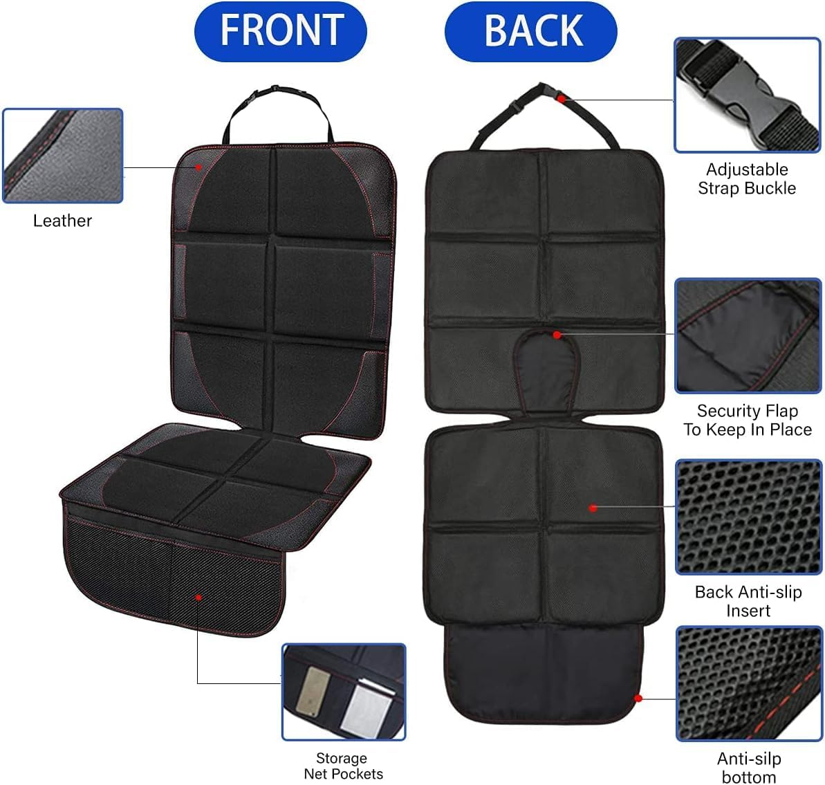 2 Pack Car Seat Protector for Child Seats, Waterproof Non-Slip with Storage Pockets, for Baby and Pet, Black image number 4