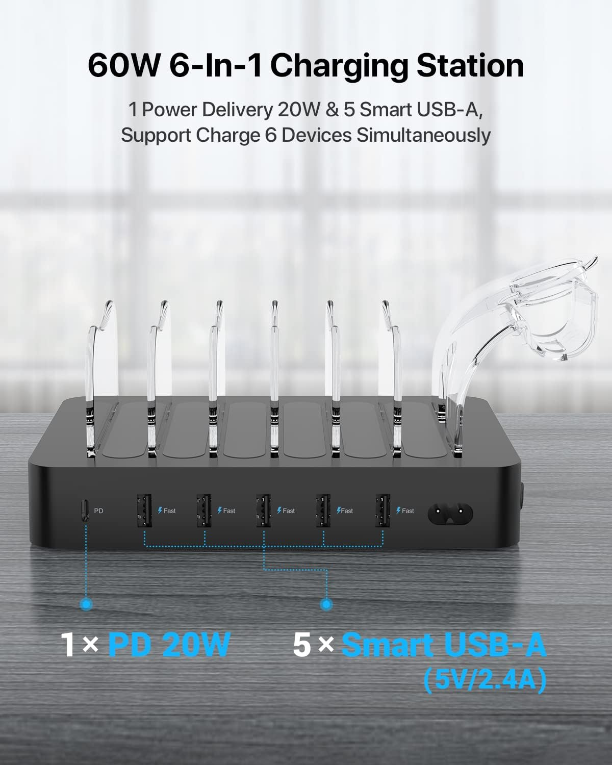 Soopii 60W 6 Port USB Charging Station for Multiple Devices, PD 20W USB C Fast Charging for Lphone 14/13/12,6 Short Cables Included, 2 in 1 Holder,For Phones,Tablets and Others image number 2