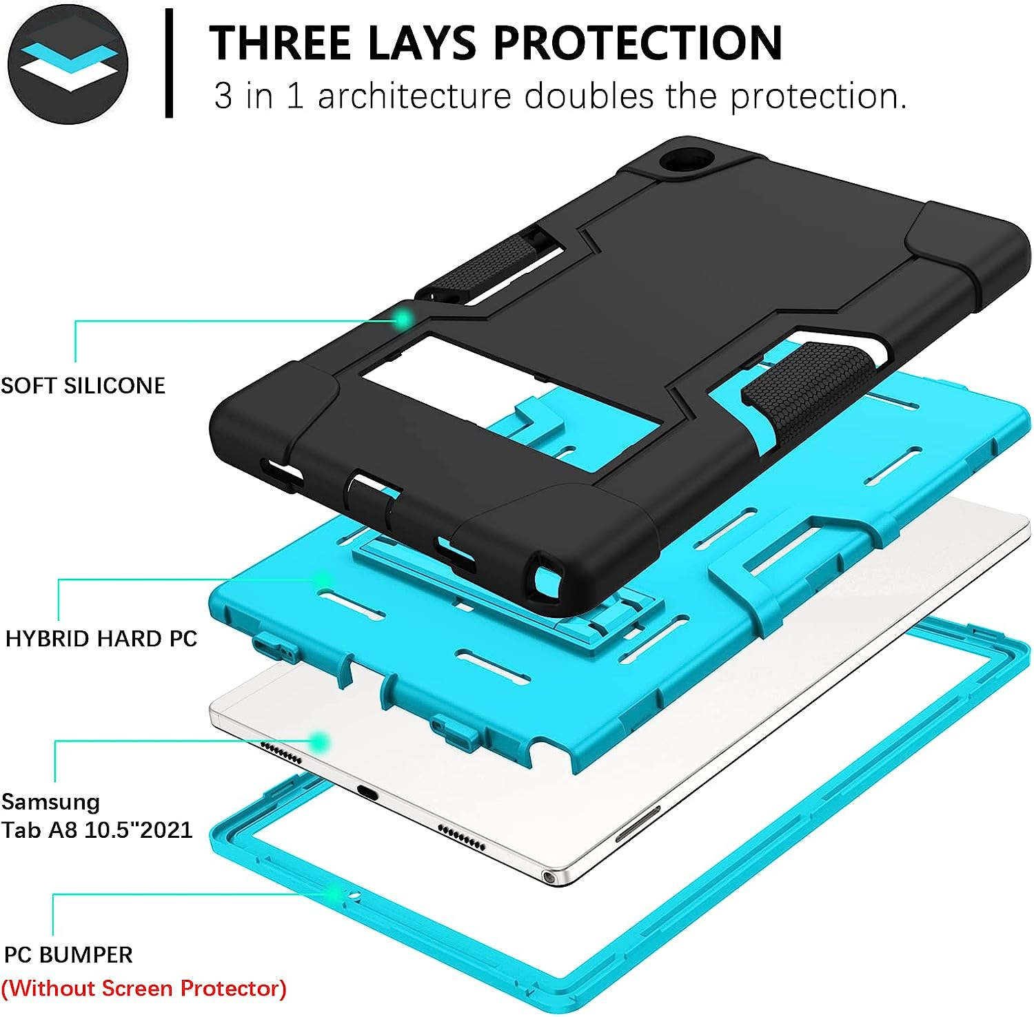 GUAGUA Kids Case for Samsung Galaxy Tab A8,Galaxy Tab A8 Case with Kickstand,Heavy Duty Shockproof Rugged Protection Cover for Samsung Galaxy Tab A8 10.5 Inch (Sm-X200/X205/X207),Black + Blue image number 5