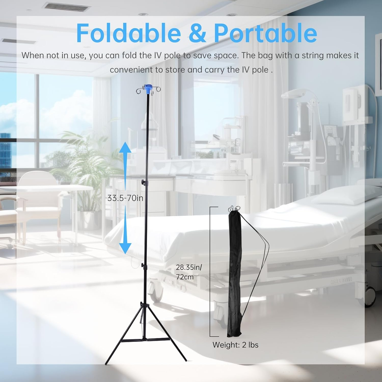 Foldable IV Pole with Portable Bag, Collapsible IV Pole Stand with 3 Nets for Drip Bag, Tripod IV Pole Stand Adjustable, 4 Hooks for Nursing Clinic Home Care Travel, Stable, Black, 1 Pcs image number 1