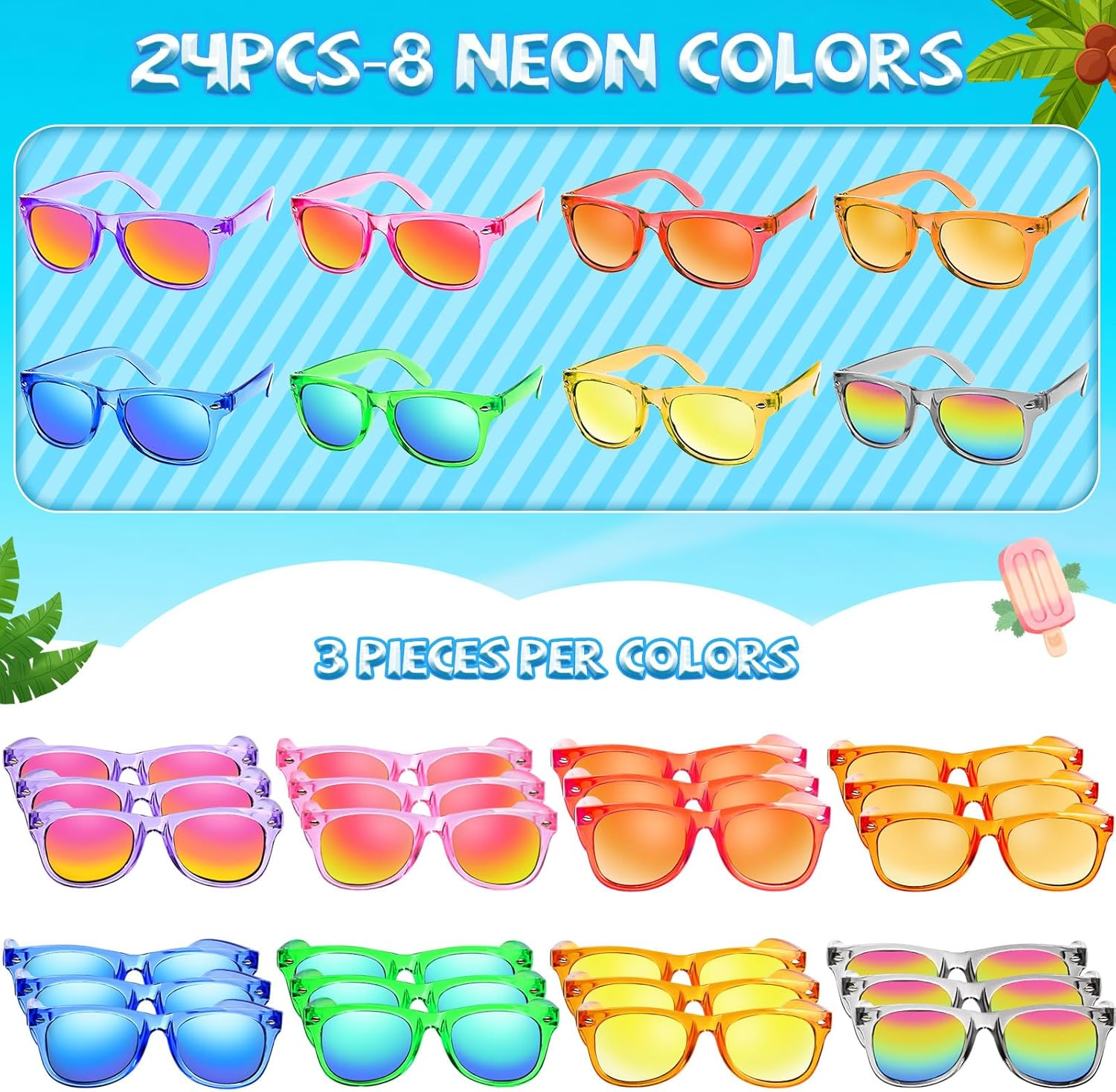 Kids Sunglasses Bulk Party Favours - 24 Packs Boys Girls Toddlers Sunglass for Age 3-8 with UV 400 Protection, Folding Neon Sunglasses for Kids Birthday Party Bag Fillers image number 4