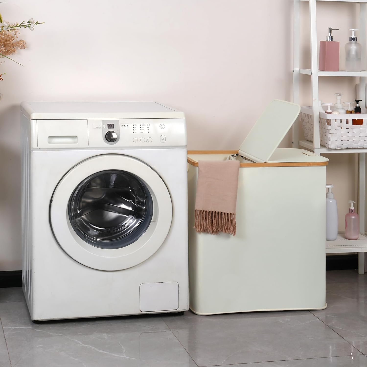 Efluky 140L Laundry Baskets with Lid - 2 Compartment Laundry Hamper, Double Basket with 2 Removable Bags, Light Grey - Beige image number 1