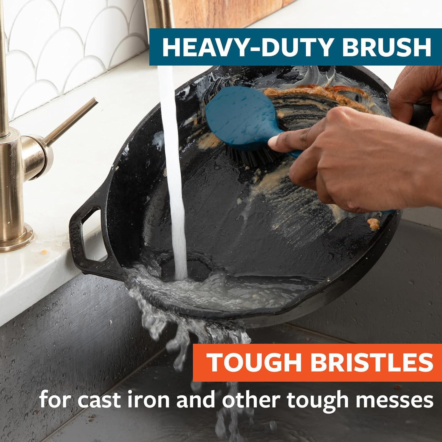 Full Circle Clean Ocean Dish Brush Set of 3 with Heavy-Duty Dish Brush, Bottle Brush & Dish Brush for Cast Iron Cookware, Dishes, Pots, Sinks, Water Bottles, Baby Bottles & Kitchen Cleaning, Teal image number 2