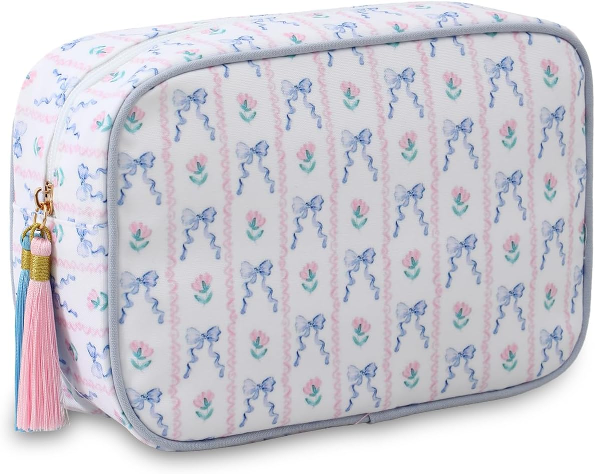 EMBRUNIOICE Stripe Makeup Bag Travel Cosmetic Bag Organizer Tassel Toiletry Bag Large Canvas Zipper Pouch and Accessories Storage Bag for Women, Red& Pink