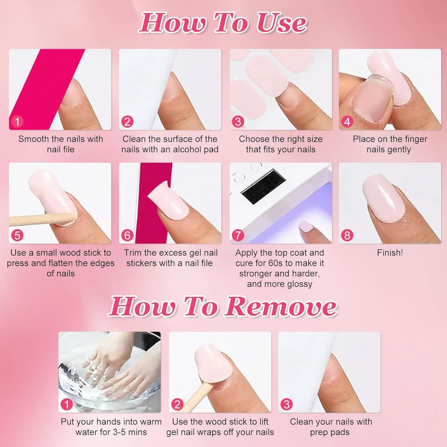 DIY Gel Nails 4-Colour Semi-Cured UV Nail Strips Full Cover Long-Lasting Soft Nail Art Stickers for Women (64Pcs,Pink/Blue-Gray/Light Pink/White) image number 4