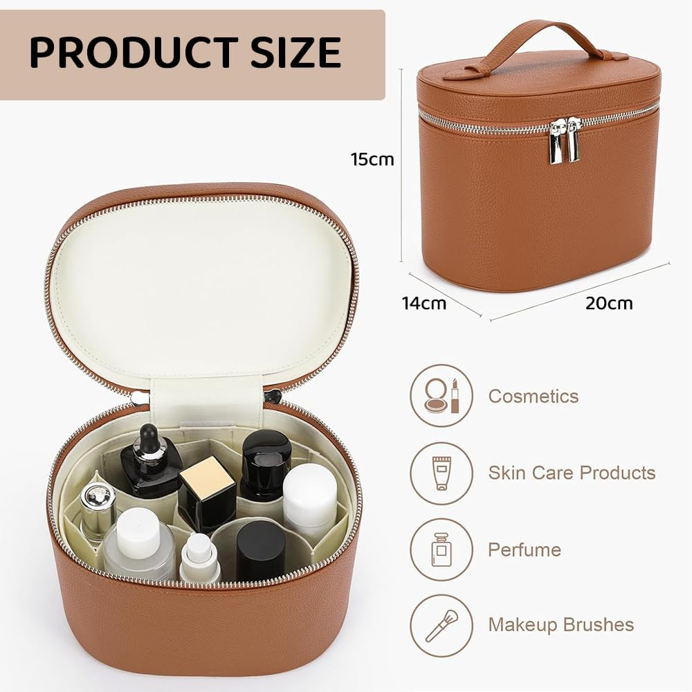 Makeup Bag with Handle &ndash; Travel Cosmetic Organizer Case with Compartments, Portable Toiletry Bag for Women, Compact Makeup Storage Pouch (Brown) image number 2