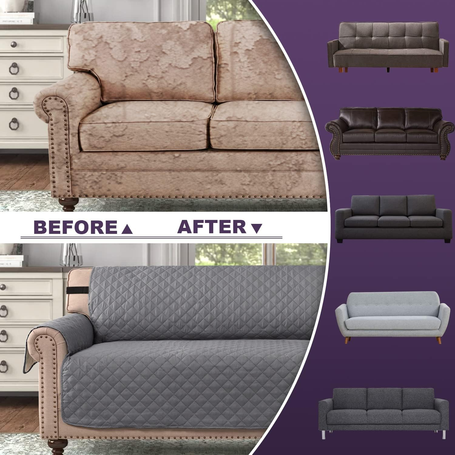 H.VERSAILTEX Sofa Slipcover Reversible Sofa Cover Water Resistant Couch Cover with Adjustable Straps, Washable Couch Cover for Kids, Dogs, Pets (3 Seater Sofa, Grey/Beige)