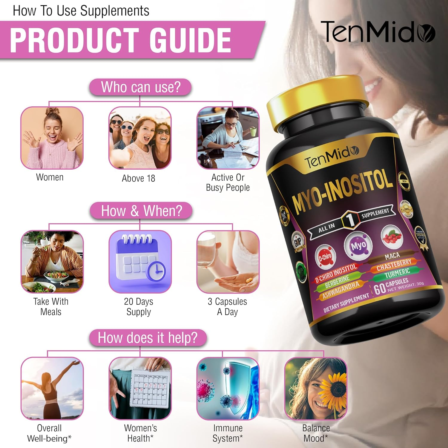 Tenmido Myo-Inositol Supplement for Women &ndash; Blend D-Chiro Inositol, Berberine, Ashwagandha, Maca, Chasteberry, Turmeric, Green Tea, and More &ndash; 60 Vegan & Non-Gmo Capsules