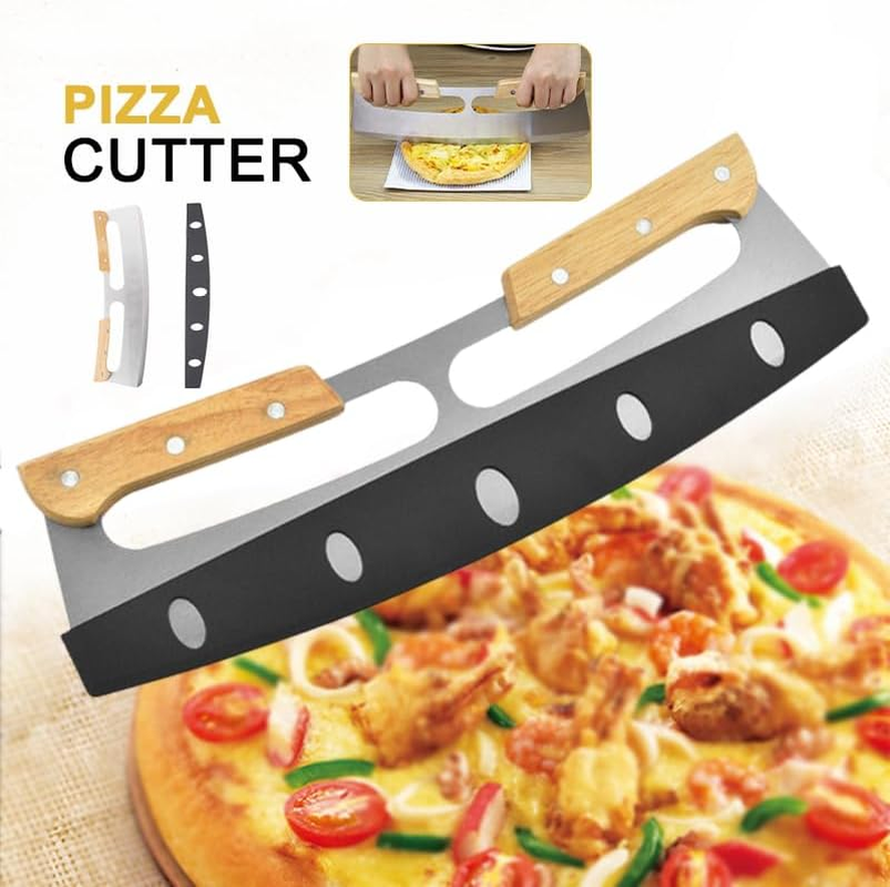 Leona Co 35CM Pizza Cutter Rocker, Stainless Steel Blade Knife with Wooden Handle & Protective Cover, Large Pizza Slicer Chopper Knife Cutters for Kitchen Tool