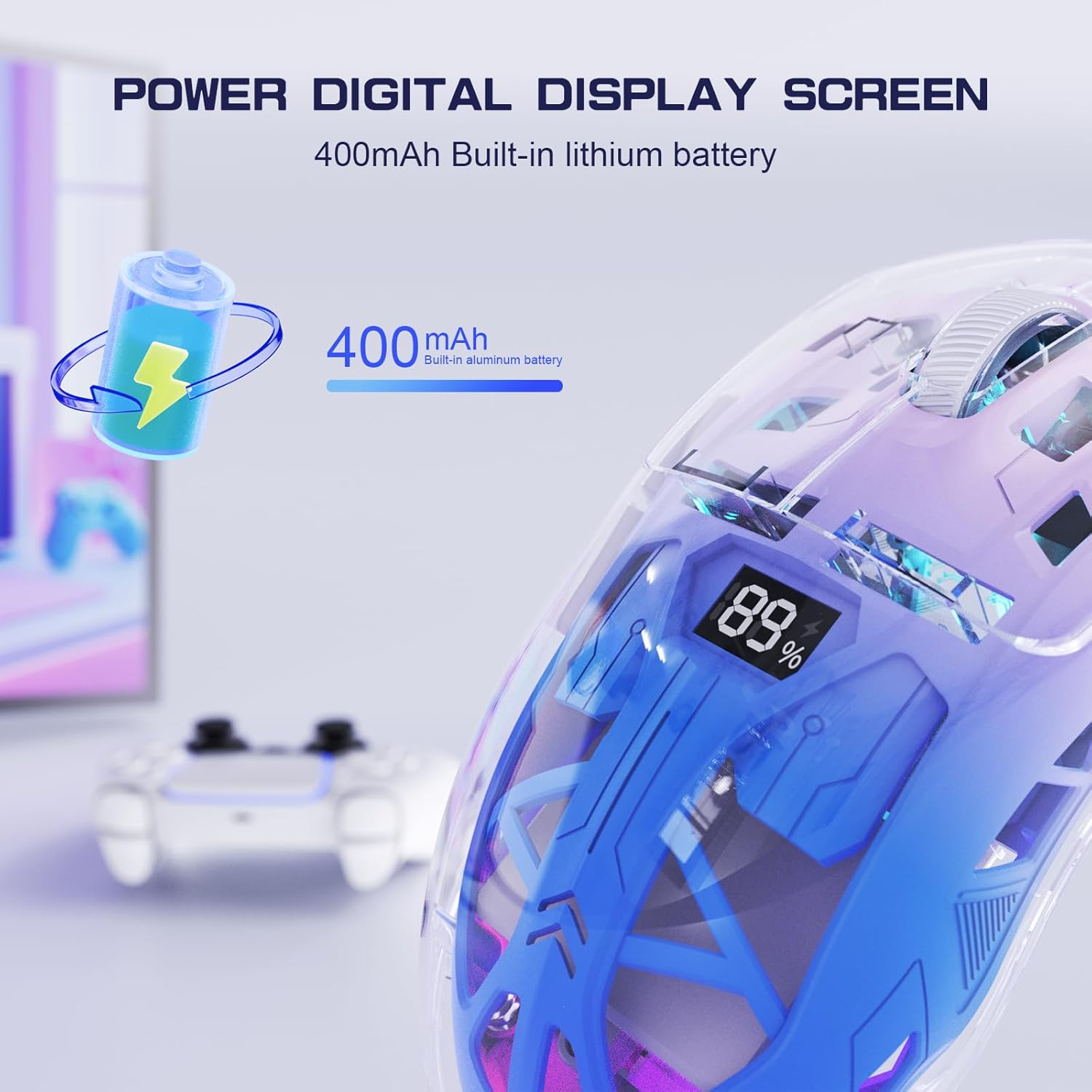 A2 Wireless Gaming Mouse, Dual Mode 2.4G/Bluetooth PC Gaming Mice, Ergonomic RGB Mouse with Battery Display Screen, Transparent Shell, Pixart 3212, 4000 DPI, for Win/Mac, Twilight Purple - Glazed White image number 2
