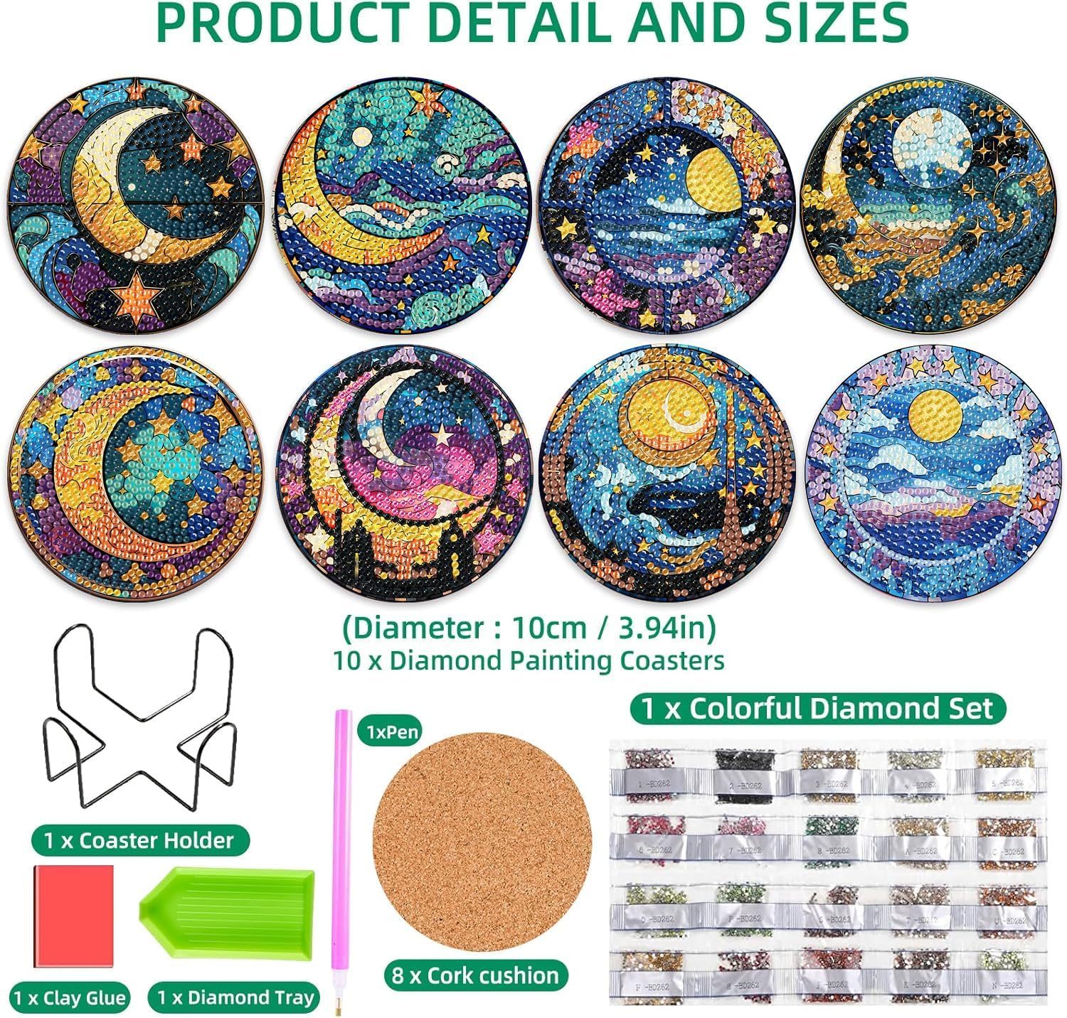 8 Pcs Diamond Art Coasters Moon Diamond Painting Coasters Kits with Holder Cork Pads DIY Moon Diamonds Art Painting Coaster Set for Adults Beginners Crafts Supplies image number 6