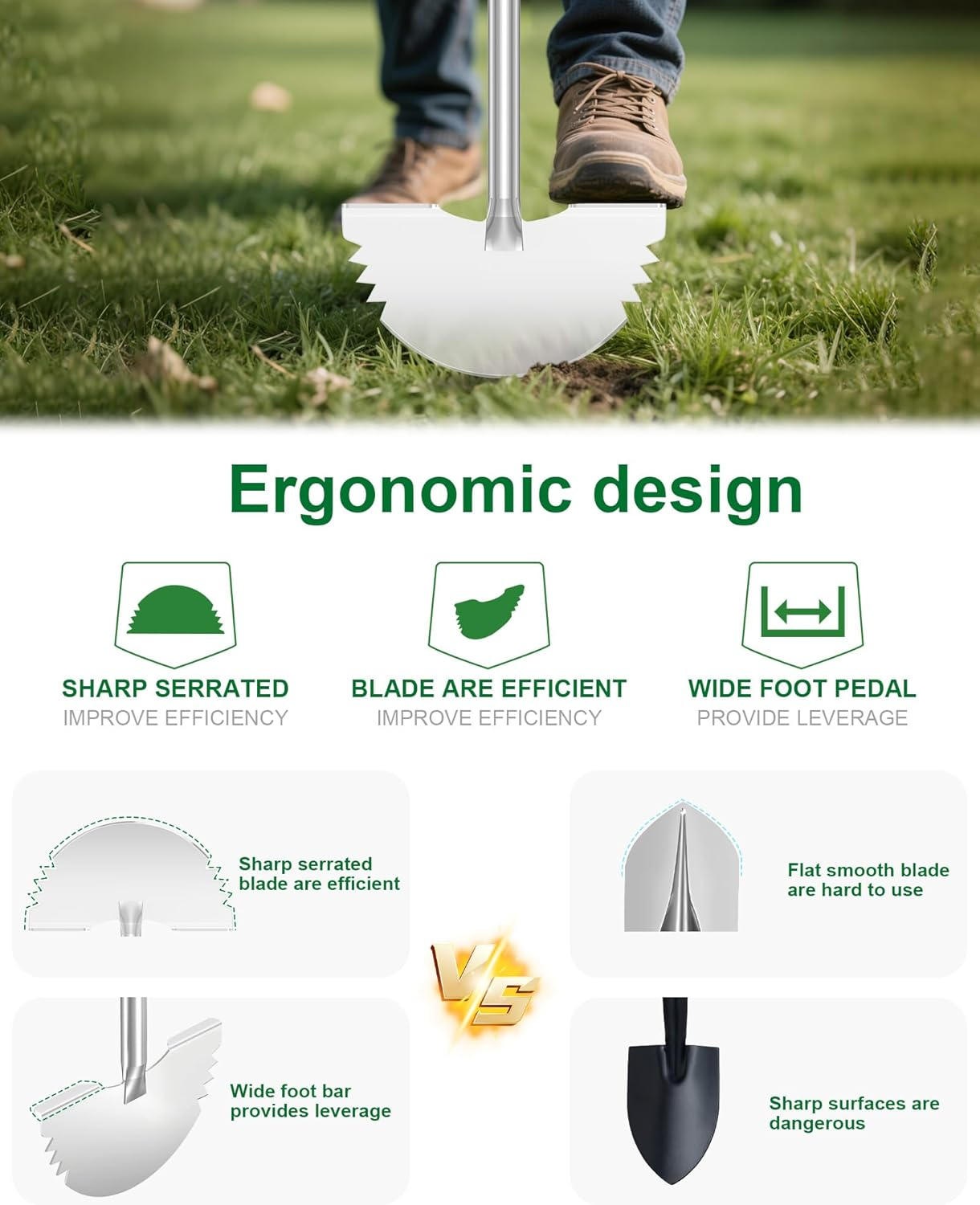 KYEEN-TOOLS Serrated Edger Lawn Tool - Half Moon Shovel with Softer T-Handle, Lawn Edger for Yard, Garden, Landscaping, Sidewalk, Cable Burial - Ergonomic Design, Rust-Proof, 38 In image number 6