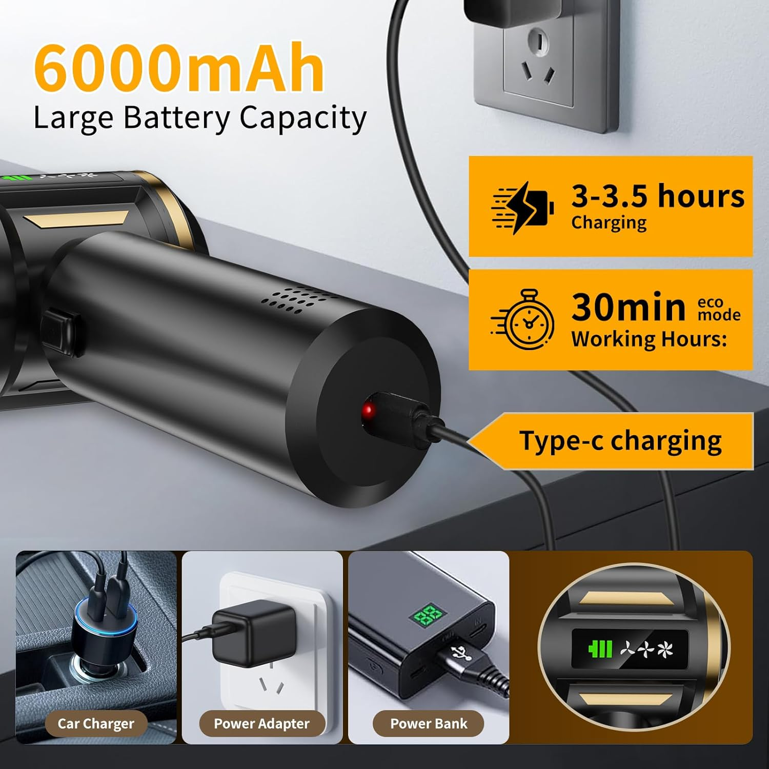 Car Vacuum Cleaner, Koreal 22000Pa Vacuum Cleaner with Brushless Motor, 4 in 1 High Power Handheld Vacuum Cleaner, Mini Vacuum with Grade Display for Home, Car, Office (Black) - Black image number 5