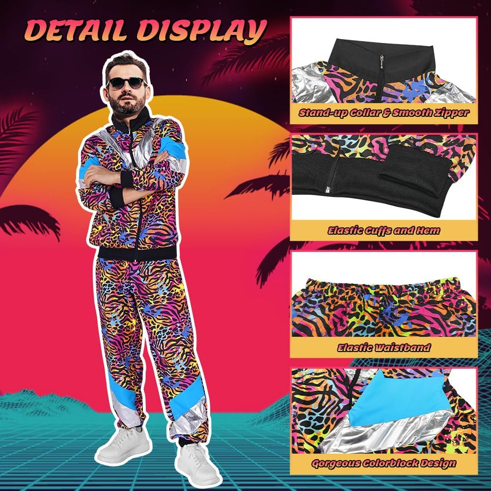 AUTOWT 70S 80S Shell Suit with Leopard Pattern, Women Men Lightweight Long Sleeve Zippered Jacket Pant Set, Color Block Retro Disco Sportswear Hip Hop Tracksuit for Rock Festivals Carnival Party image number 4