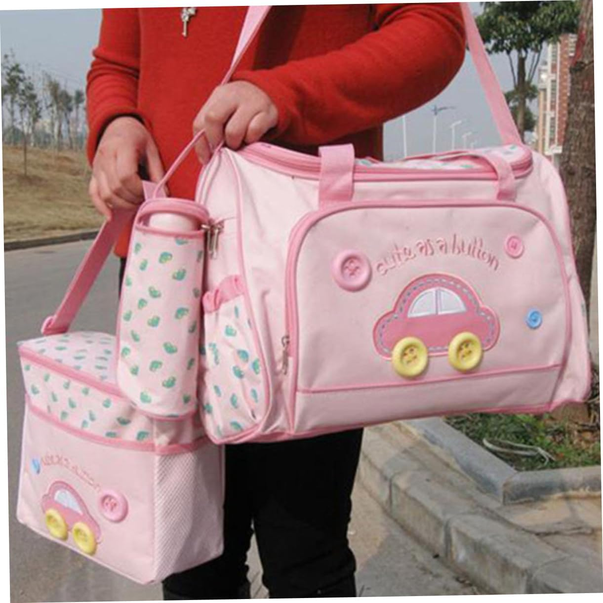Hohopeti Mom Bag Set Diaper Bag Bottle Holder Changing Pad Large Capacity Car Pattern