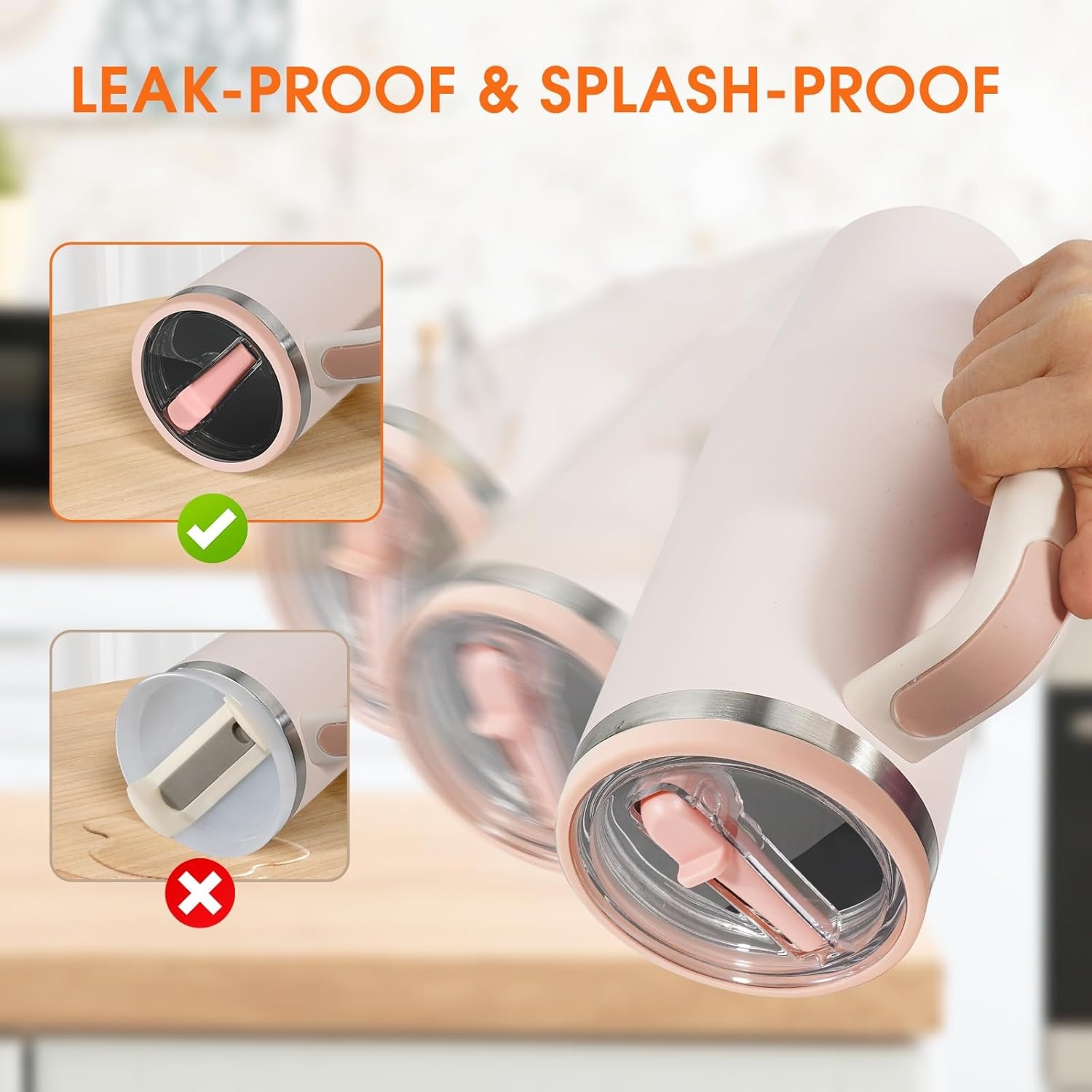 40Oz Spill Proof Flip Straw Lid Replacement for Stanley H2.0 Quencher,Leak Proof Tumbler Lid,2 Pack,Cream White,Pink image number 2