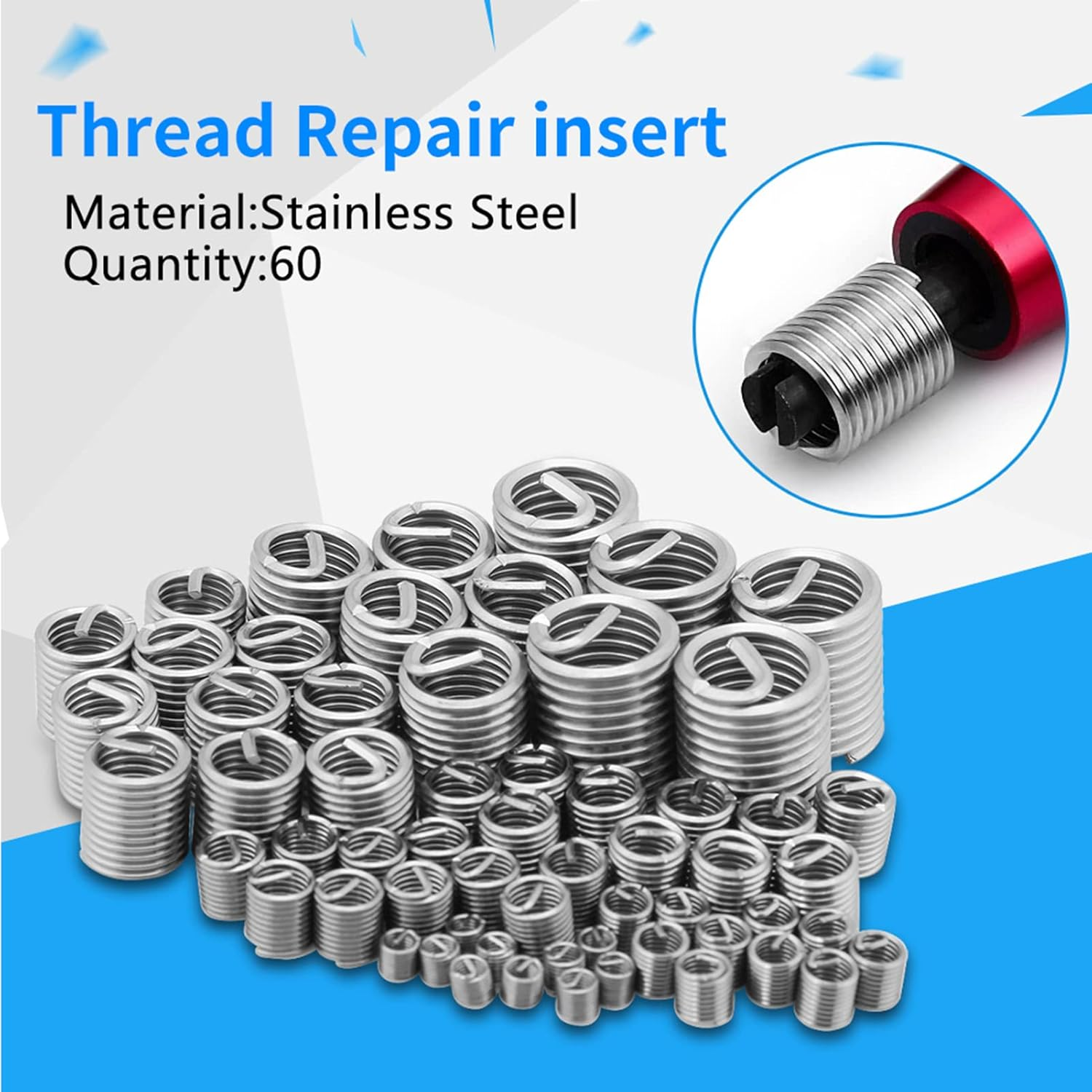 60Pcs Stainless Steel Thread Repair Kit Increase Connection Strength Eliminate Deviation Wear for Aircraft M3-M12 image number 2