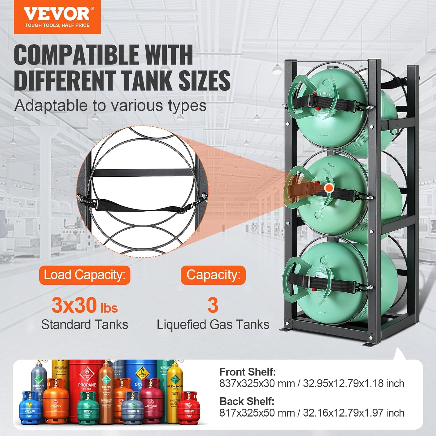 VEVOR Refrigerant Tank Rack, with 3 X 30Lbs Bottle Tanks, Cylinder Tank Rack 12.79X12.99X33.07 In, Refrigerant Cylinder Rack Gas Cylinder Racks and Holders for Freon, Gases, Oxygen, Nitrogen image number 6