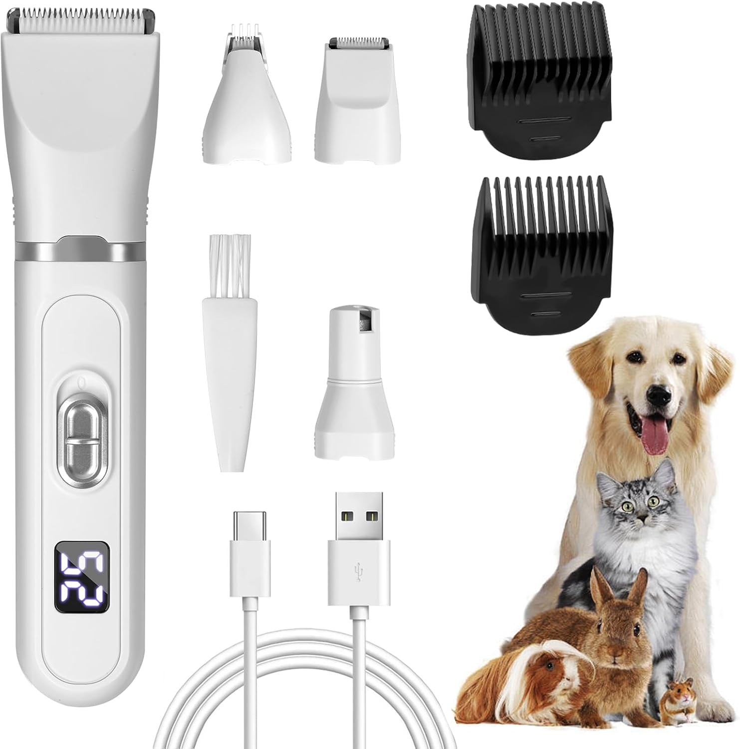 Dog Clipper, 4-In-1 Quiet Pet Hair Trimmer, Professional Clipper, Dog Cat with LED Display, Rechargeable Clipper, Dog Set for Dogs, Cats, Paws, Eyes, Ears, Face, Body