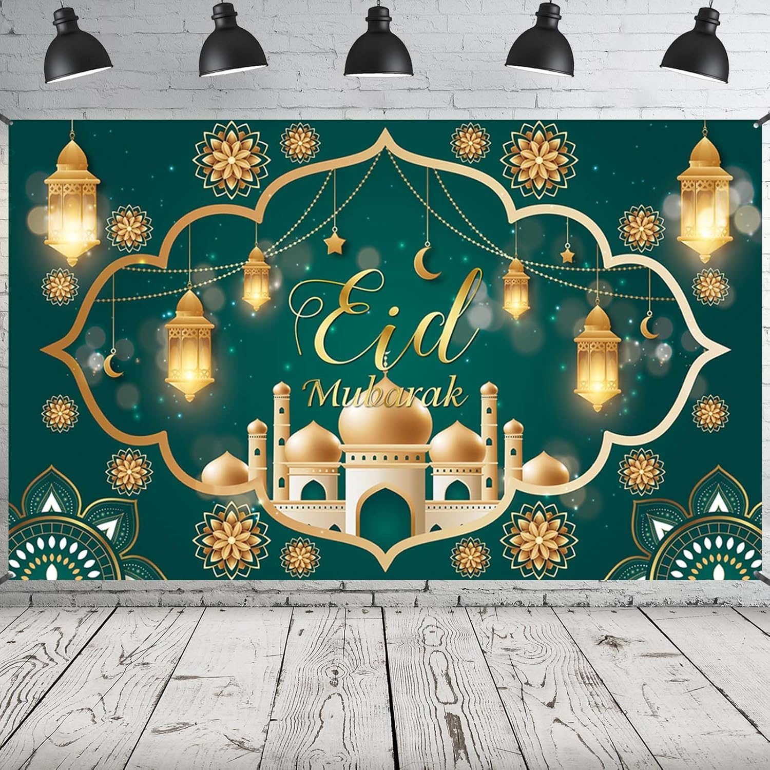 Eid Mubarak Banner 2025, Extra Large Fabric Ramadan Kareem Backdrop for Decorations, 72 X 44 Inch Star Moon Lanterns Castles Photo Booth Background for Islamic Muslim Al-Fitr Party Supplies image number 2
