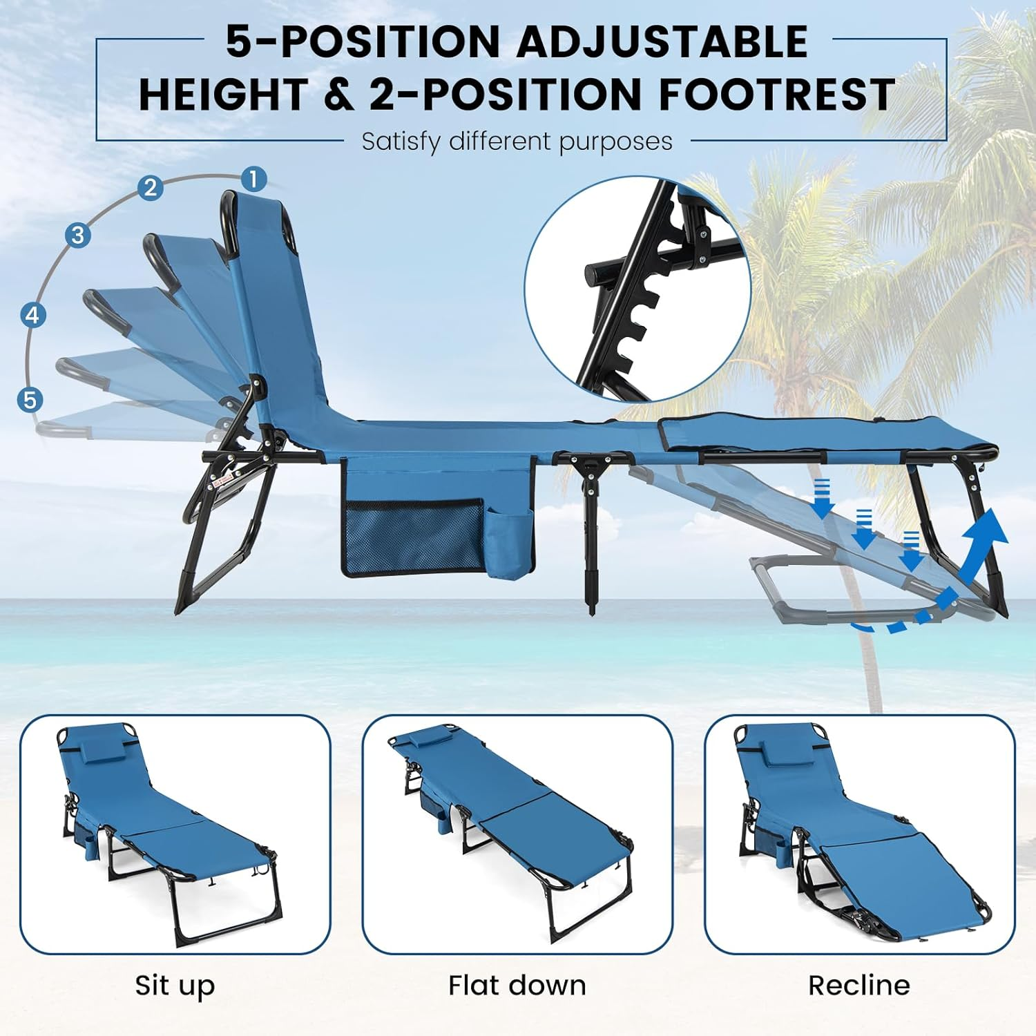 Costway Folding Convertible Camping Lounger W/Face Hole & Pillows & Storage Pocket, 5-Position Adjustable Backrest, Portable Camping Cot Bed Recliner for Beach, Camping, Patio (Blue) image number 2