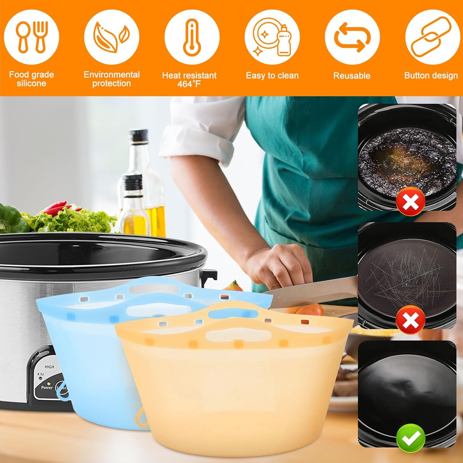 Silicone Slow Cooker Liners Fits 6-10 QT Crock Pot Orange and Blue Silicone Crock Pot Liners Reusable Crock Pot Bags Liners for round or Oval Pots Large Size Dishwasher Safe Leak-Proof Cooking Liner image number 1