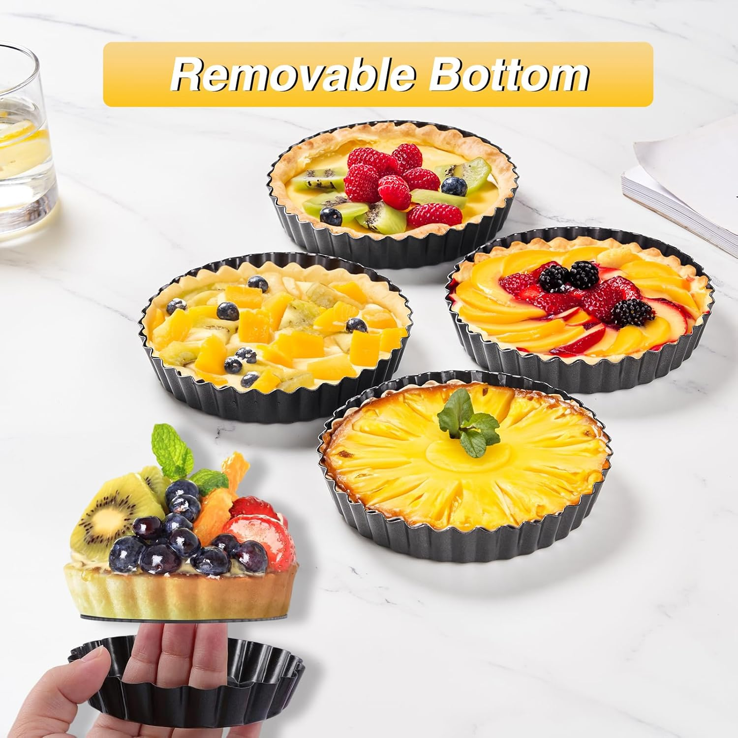 Mini Tart Pans Removable Bottom Pie Pans Mini Quiche Pans for Baking Tartlet Tart Mold 5.5 Inch Carbon Steel Reusable Baking Tools Black round Set of 4 image number 1