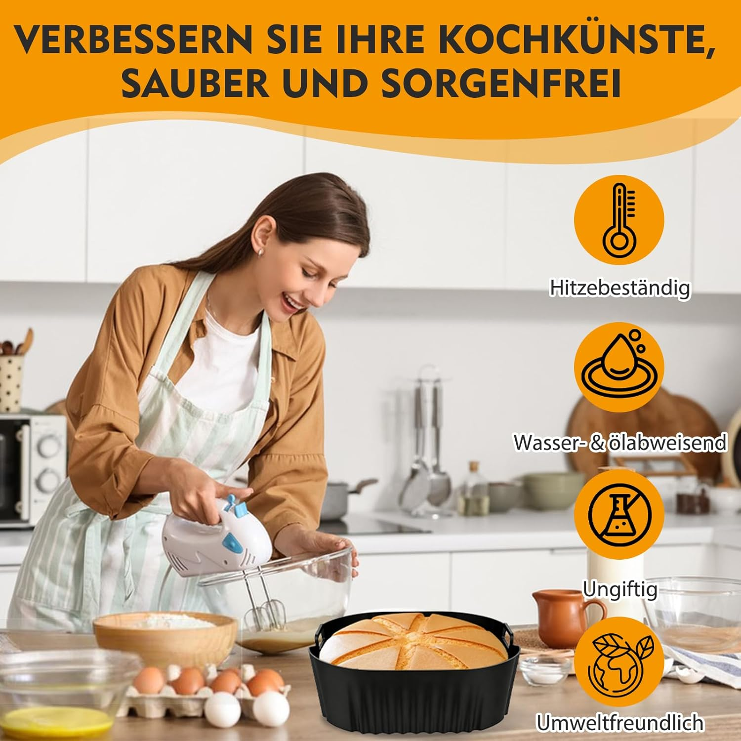 VEGCOO Pack of 2 Airfryer Silicone Baking Moulds with 19 Cm Silicone Oil Brush Black Airfryer Square Silicone Baking Mats Baking Mats Heat Resistant Baking Aids for Airfryer Oven image number 6