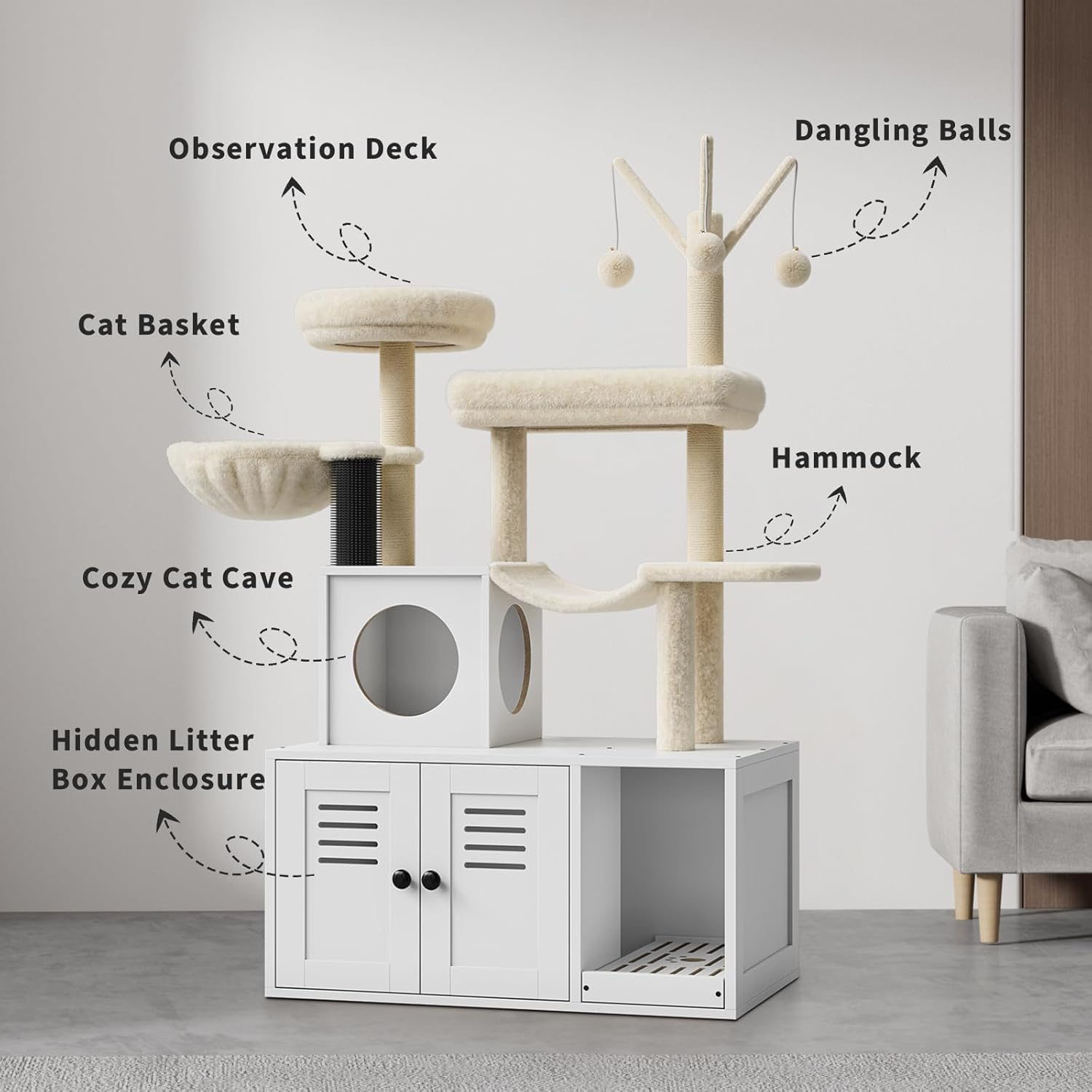 Boundliving Cat Tree with Hidden Litter Box Enclosure, 2-In-1 Modern Cat Tower Condo with Sisal Scratching Posts Plush Perch Ventilated Design, Space-Saving Cat Furniture image number 4