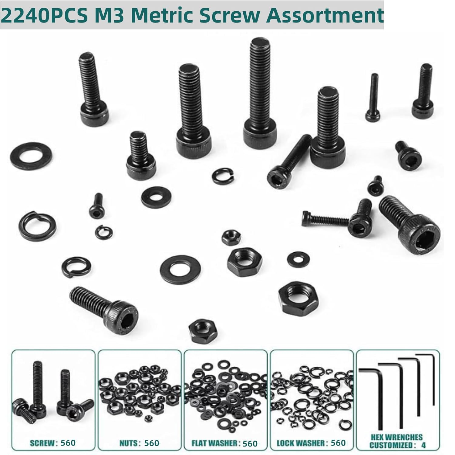 2240PCS Metric Screw Assortment, M3 Machine Screws with Lock & Flat Washers, Grade 10.9 &12.9 Alloy Steel Hex Socket Button Head Black Screws Nuts and Bolts Kit (2240Pcs M3) image number 5