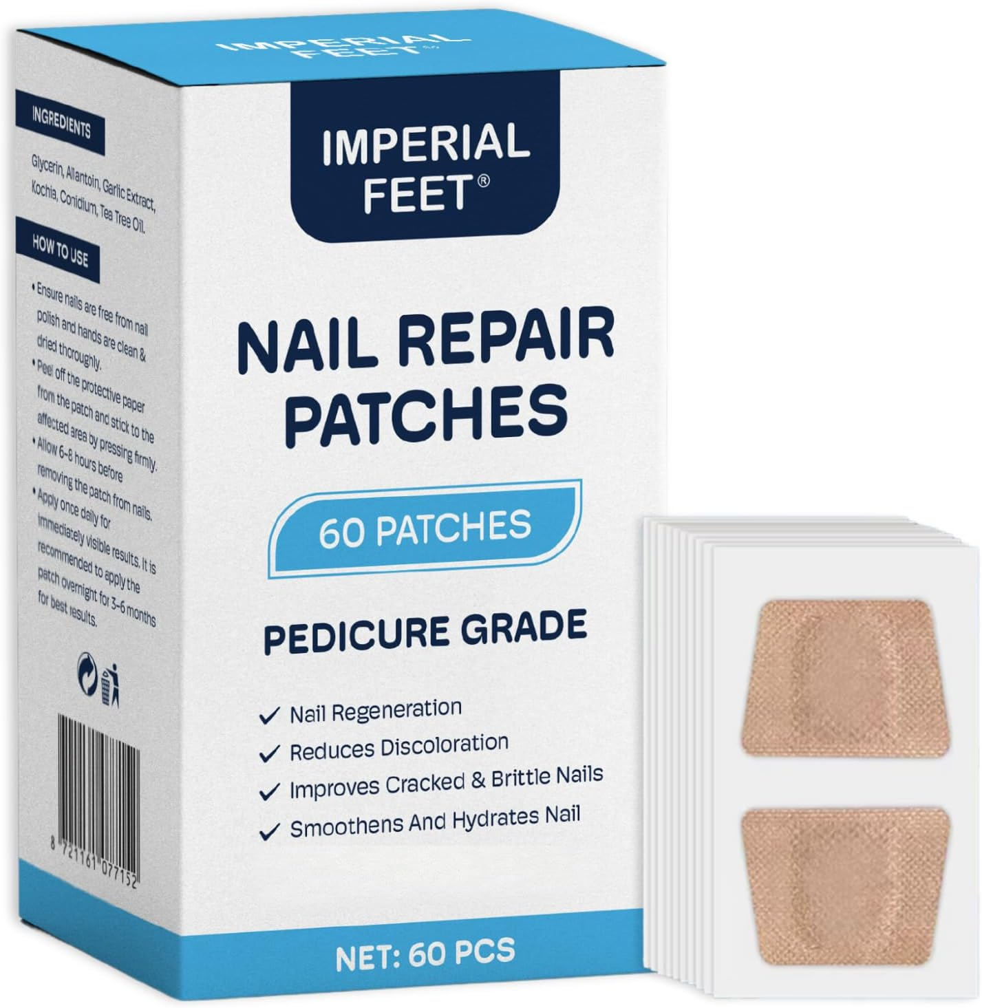Imperial Feet Nail Repair Patches (PEDICURE Grade)-Nail Regeneration, Reduces Discoloration, Improves Cracked, Brittle Nails, Thickness, Roughness, & Ridges - Smoothens and Hydrates Nail - 60 Patches image number 1