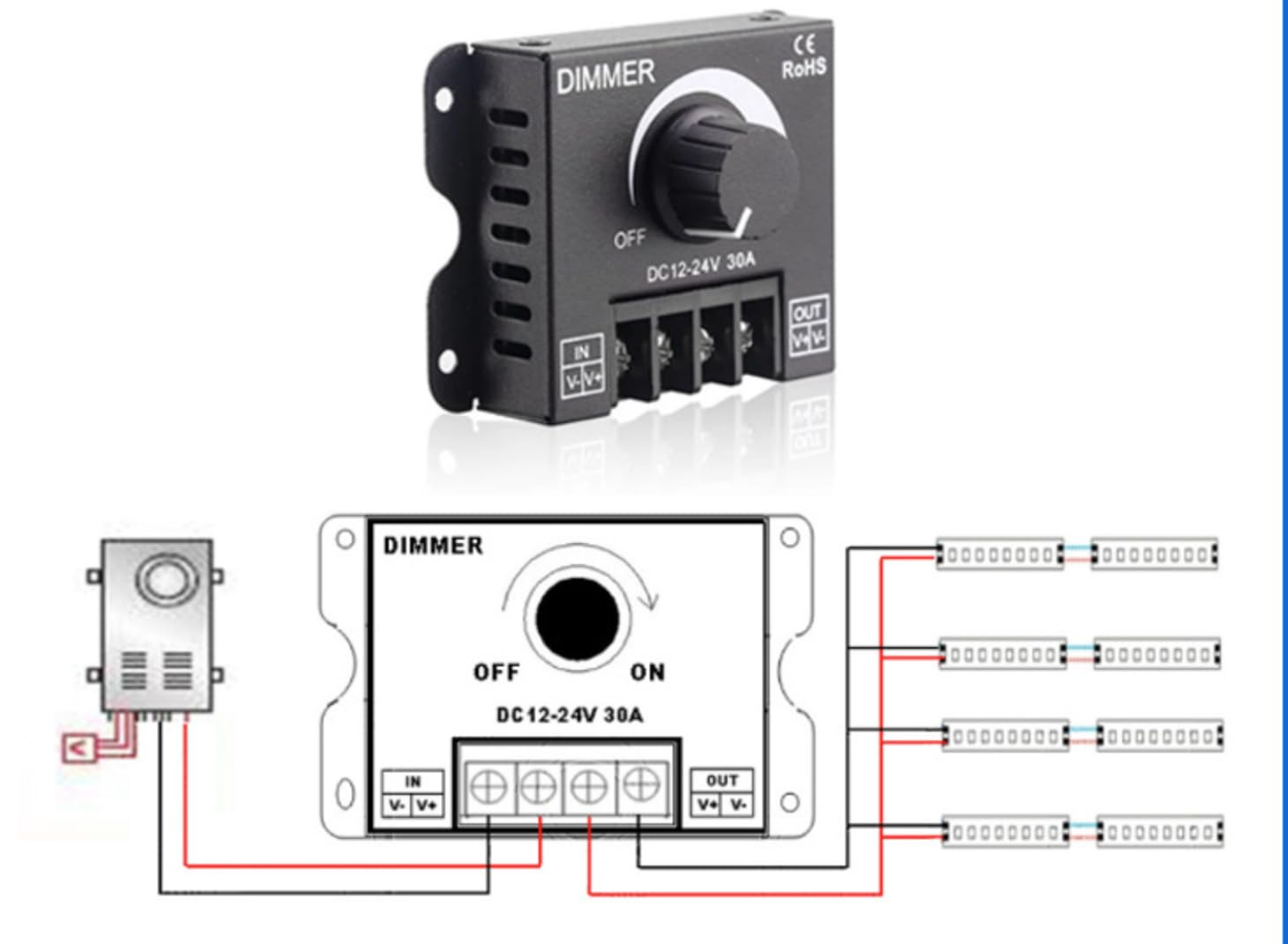 LED Dimmer Switch for LED Lights, Dimmer Switch Knob, DC12V-24V 30A PWM Dimming Controller for Adjust Brightness On/Off Switch with Aluminum Housing