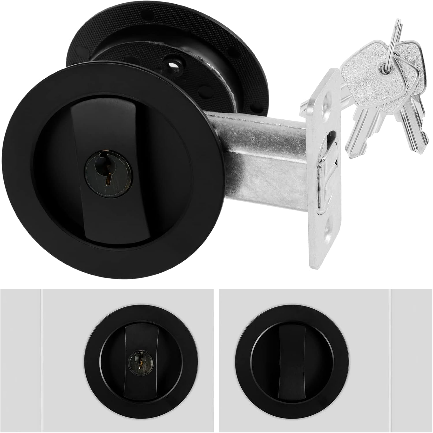 Bed/Bath Pocket Door Lock and Pull round Privacy Door Lock with Key Recessed 2 Sided Invisible Sliding Door Locks Hardware for 1 3/8 Inch to 1 15/16 Inch Thickness Door (Black)