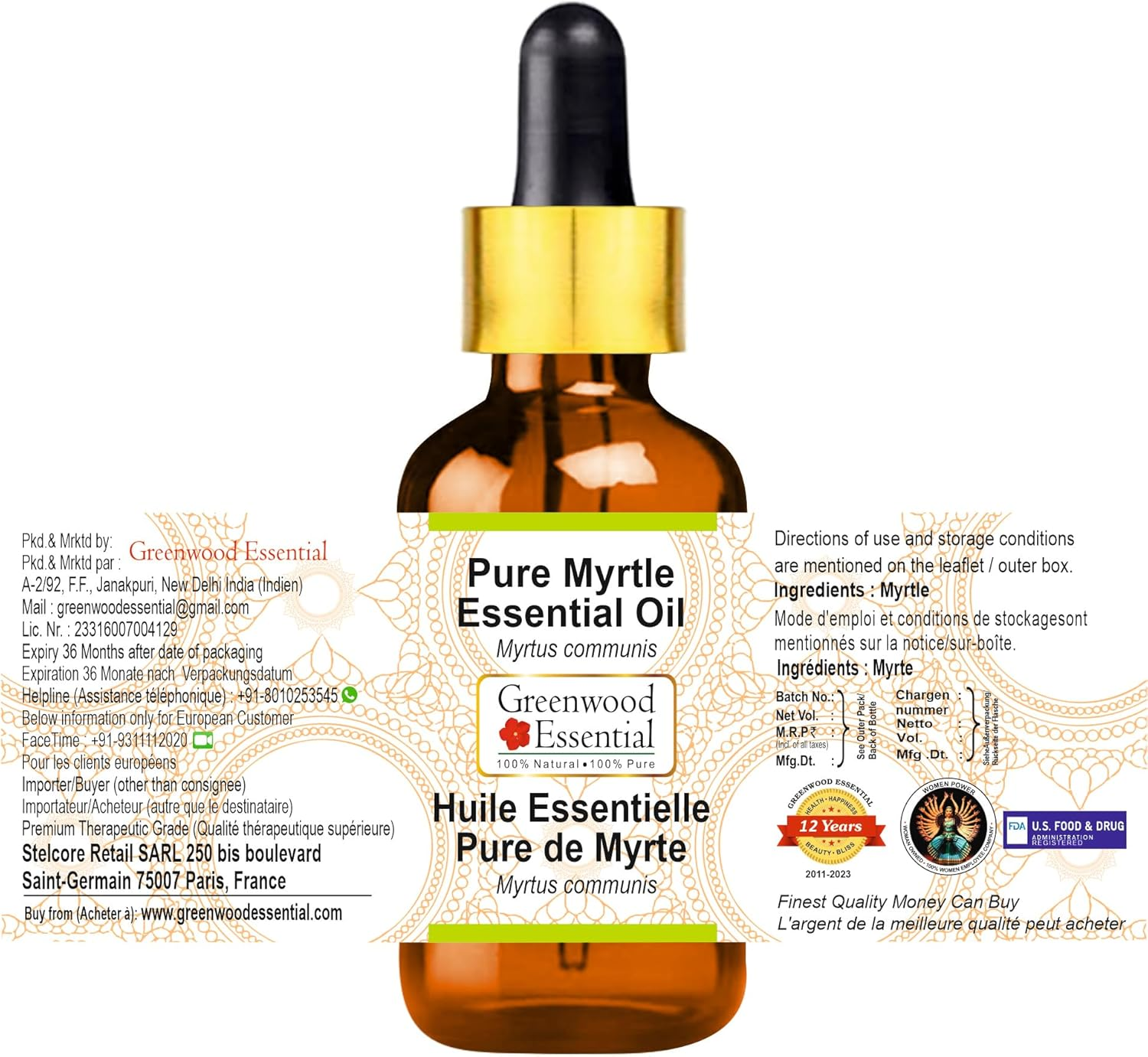 Greenwood Essential Pure Myrtle Essential Oil (Myrtus Communis) with Glass Dropper Steam Distilled for Personal Care (Pack of Two) 100Ml X 2 (6.76Oz) image number 4
