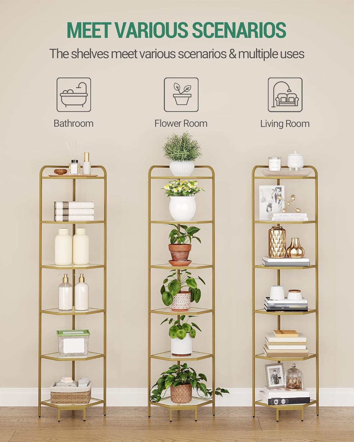 Hzuaneri Corner Shelf Stand, Glass Bookshelf Bookcase, Bathroom Organizer, Plant Stand, Steel Frame, Tempered Glass, Modern Style for Living Room, Bathroom, Kitchen, 6-Tier Golden CS90600G
