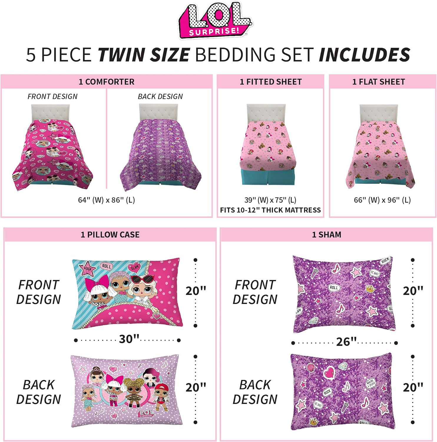 Franco 6A1388 Kids Bedding Super Soft Comforter and Sheet Set with Bonus Sham, 5 Piece Twin Size, LOL Surprise image number 3