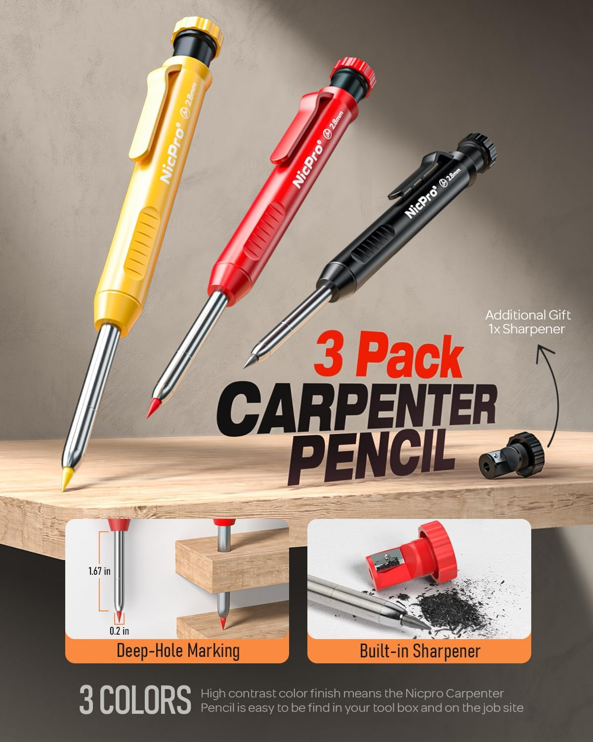 Nicpro 3 Pack Carpenter Pencil with Sharpener, Mechanical Carpenter Pencils with 39 Refills, Construction Pencil Heavy Duty Woodworking Pencils for Architect (Red, Black, Yellow)- with Case image number 5