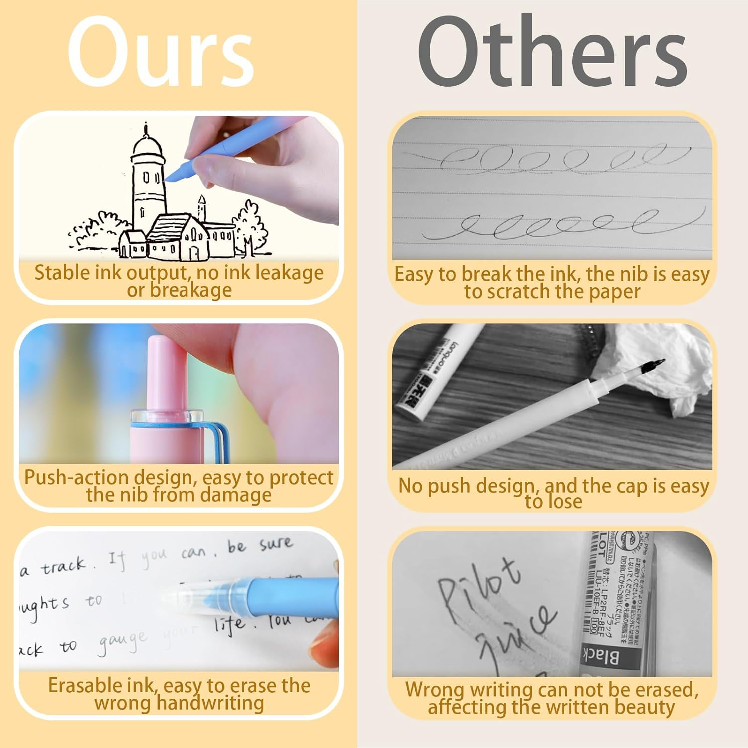 YRYUNRUI 8Pcs Retractable Fountain Pens with 20Pcs Erasable Ink Sacs, Refillable Fountain Pen for Writing, Smooth Writing Quick-Drying Flex Nib Fountain Pens for Calligraphy Journaling Office School image number 4