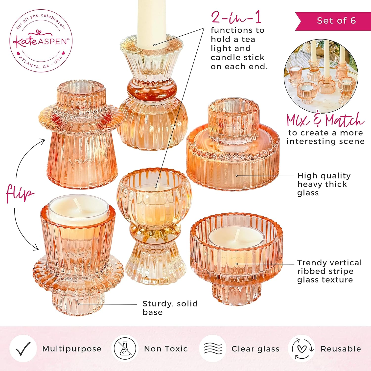 Kate Aspen Vintage Ribbed Rose Gold Pink Glass Candlestick Holders, Pillar Candle, Tealight & Votive Candle Holders (Set of 6, 3 Assorted Sizes), Dining Table Decor, Shelf Decor, Centerpiece image number 6