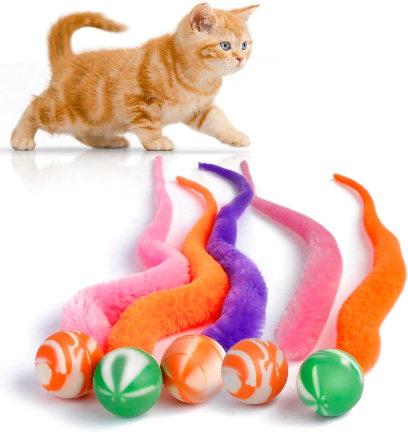 SHENGSEN Bouncy Ball with Tail Cat Toys-5 Packs,Large Magic Worm with Fluorescent Ball Toy for Cats,Colorful Fuzzy Worm Bouncy Glow Balls Cat Toy