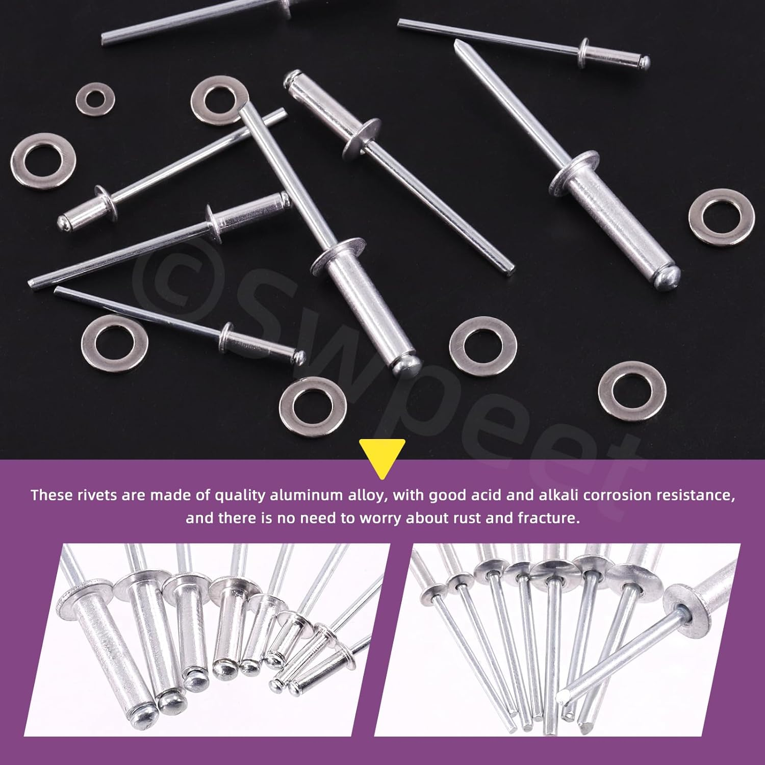 Swpeet 560Pcs Silver 3/32" 1/8" 5/32" 3/16" Pop Rivets Assortment Kit with Stainless Steel Backup Washers, Assorted Aluminum Blind Rivets with Divider Labeled Case for Storage - Silver image number 4