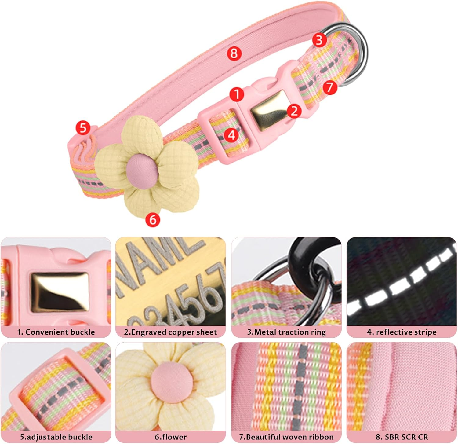 Velmoriah Small Dog Collar with Rose Flower, Puppy Collar with Reflective Strips, Girl Dog Collars for Small Dogs Puppies (Pink, S) image number 6