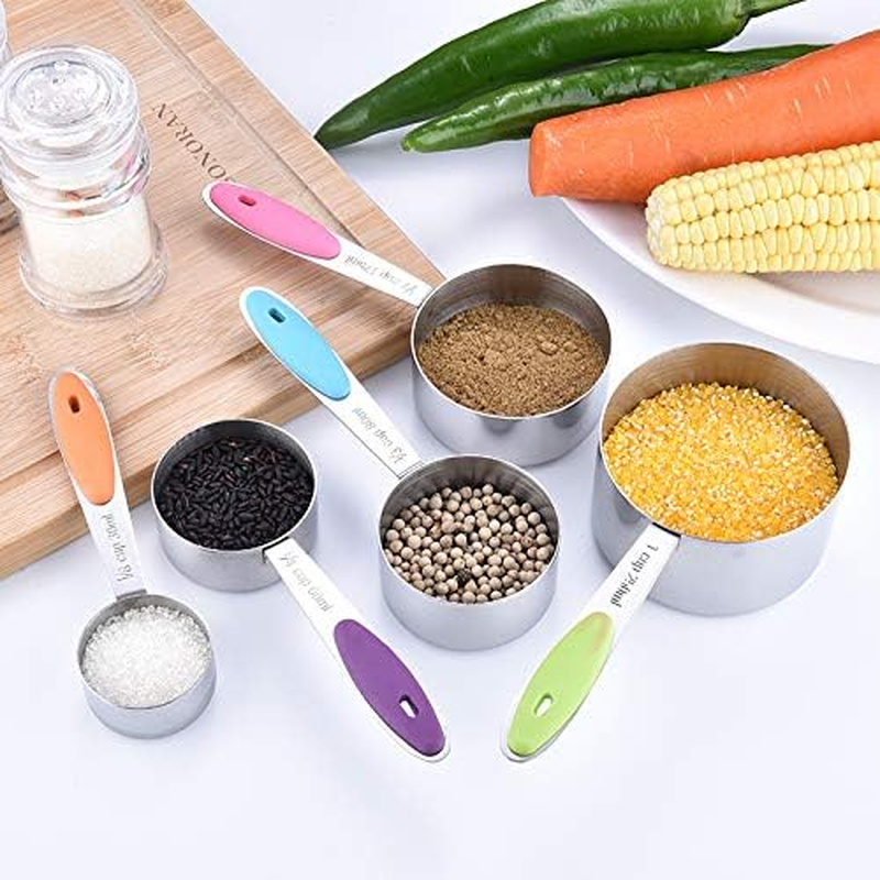 Measuring Cups and Spoon Set of 10 - Stainless Steel with Nonslip Silicone Handle